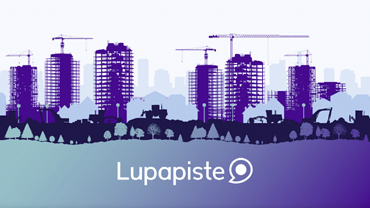 Lupapisteen logo, violetilla värillä kaupunkinäkymä